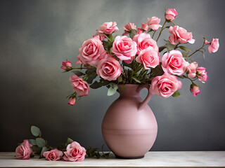 Vintage pottery and pink roses in ceramic vase on concrete wall shelf, with copy space