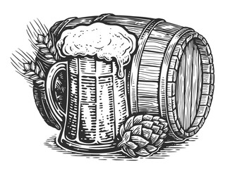 Beer in barrel and mug, sketch style. Hand drawn illustration for pub, brewery or restaurant menu