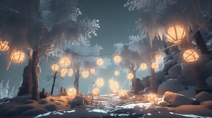 Craft a crismis-themed virtual reality adventure where AI entities explore a magical, algorithmically generated winter realm