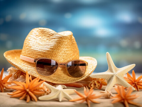 Summertime beach setup sunglasses, hat, shells, and sea stars on a vibrant background