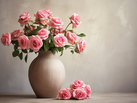 Artificial pink roses in vintage vase on a shelf against concrete wall, with space
