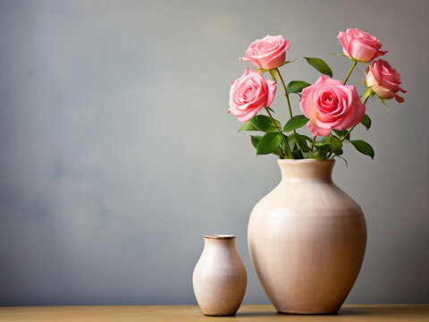 Vintage ceramic vase holds lovely artificial pink roses on a concrete wall shelf