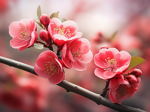 Japanese quince flowers in full bloom against a soft, blurred backdrop
