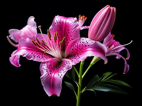 Pink lily and purple carnation flowers in full bloom, isolated on black