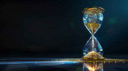 An elegant hourglass with sands made of tiny digital bits, flowing between traditional and digital economies, representing the shift in business models over time. 32k, full ultra hd, high resolution