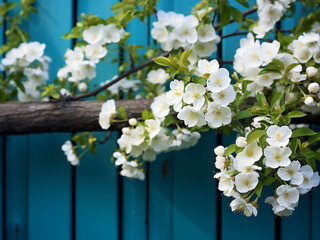 Close-up of blooming white flowers on branches against blue fence backdrop