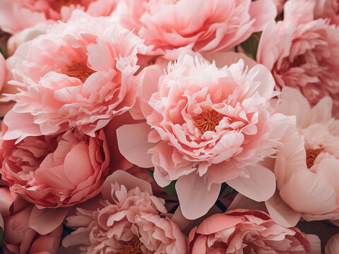 Close-up photography captures pink and white peonies bouquet