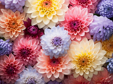 Floral background features a lovely bouquet of pastel-colored dahlias