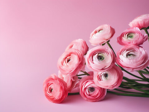 Pink ranunculus flowers and buds on pink background, ideal for text