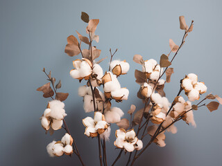 A splash of elegance unfolds with cotton flowers and eucalyptus leaves on a colored surface