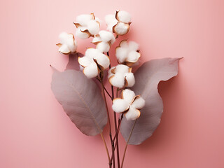 Eucalyptus branches and eringium flowers form a border on a pastel pink backdrop