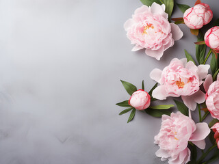 Festive floral composition featuring tender pink peonies on a gray backdrop