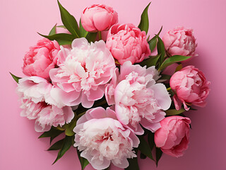 Top view display of pink and white peonies on a pink surface for web banners