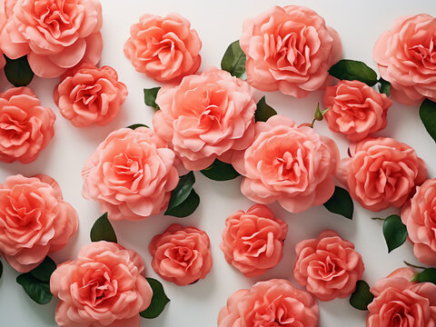 Top view of coral pink garden roses in full bloom creates a floral pattern on a white surface