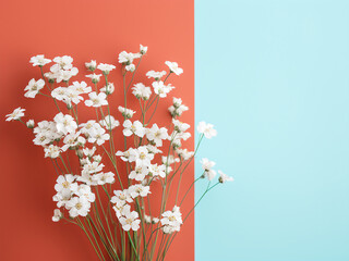 Delicate gypsophila blooms grace a turquoise background in a flat lay