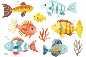 Fototapeta premium White background with several colorful fish.
