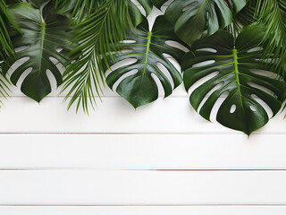 Tropical plants, like monstera leaves, adorn a white wooden surface
