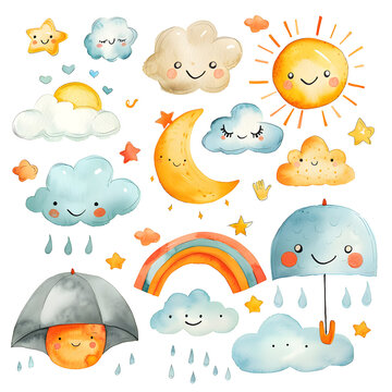 Cute watercolor illustration set of the weather