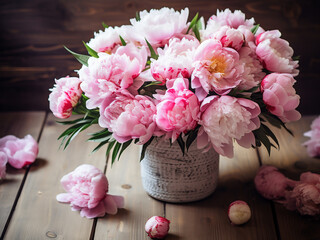 A top view captures the beauty of pink and white peonies on rustic wooden flooring