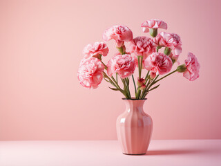 Pink carnations grace a vase against a pastel pink background, offering text space