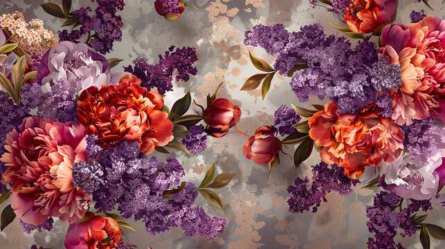 An elegant wallpaper pattern featuring clusters of peonies and lilacs, their rich, vibrant colors standing out against a muted, tea-stained backdrop for a timeless look. 32k, full ultra hd