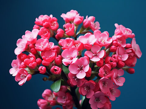Bright pink kalanchoe blooms on a green backdrop, close-up