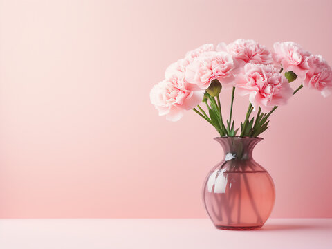 Pink carnations displayed in a vase against pastel pink backdrop, text-friendly