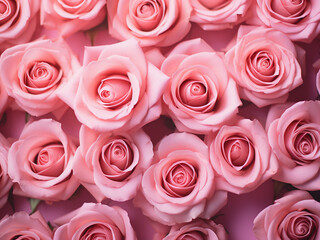 Pink roses arranged overhead form a delicate flower pattern on a pink backdrop