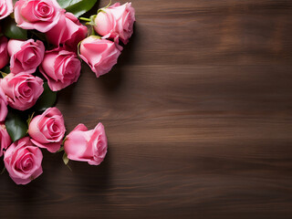 Grunge background sets off the elegance of pink roses on a wooden board - obrazy, fototapety, plakaty