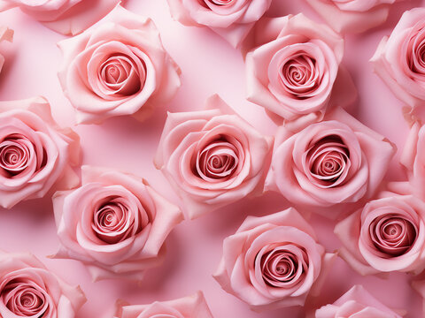 Overhead view captures pink roses on a pastel-colored background