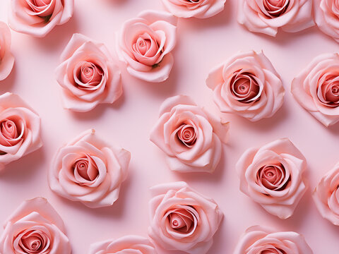 Pink roses create a stunning pattern on a pastel background, ideal for greetings