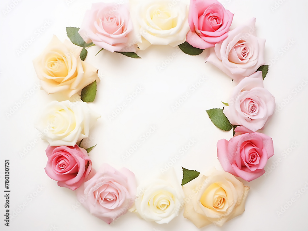 Wall mural Pastel-colored roses form a frame on a white background