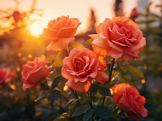 Roses bloom gracefully in a garden against a sunset backdrop