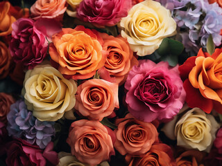 A variety of colored roses compose a beautiful floral background