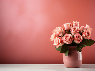 A vase of roses adds charm to a table against a colorful wall