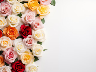 Overhead view of pastel-colored rose heads on a white background