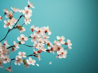 Spring flowers dance against a teal background, forming a creative floral layout - obrazy, fototapety, plakaty