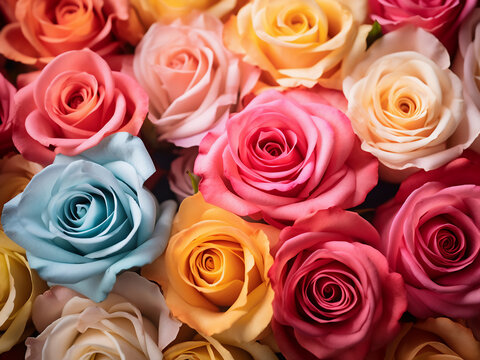 Bouquet of roses showcases a variety of colors against a captivating backdrop