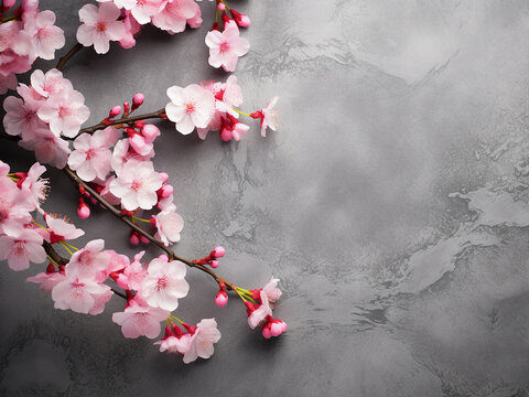 Flat lay arrangement features sakura tree blossoms on a gray stone table, with text room