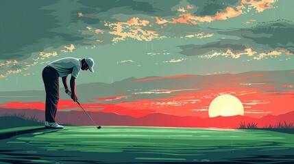 A stylized depiction of a golfer preparing to putt on a vivid green course with abstract color splashes