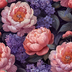 Seamless vector pattern with blooming peony and lilac flowers. Chic vintage background.