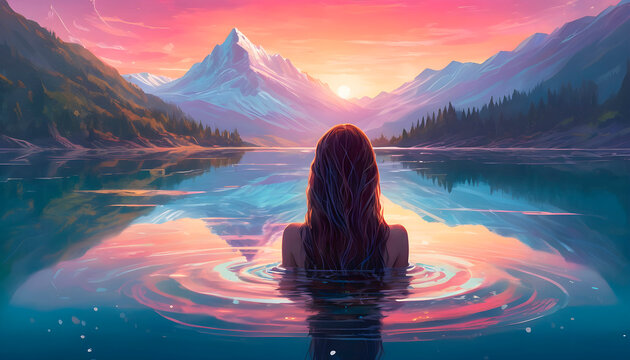 woman with long hair in a lake with crystal clear water. in the background there is a mountain at sunrise. ethereal and aesthetic ambient