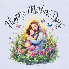 mother and child in a blooming garden, surrounded by vibrant flowers and butterflies, the mother tenderly embracing her child with a warm smile, conveying love and gratitude, Illustration