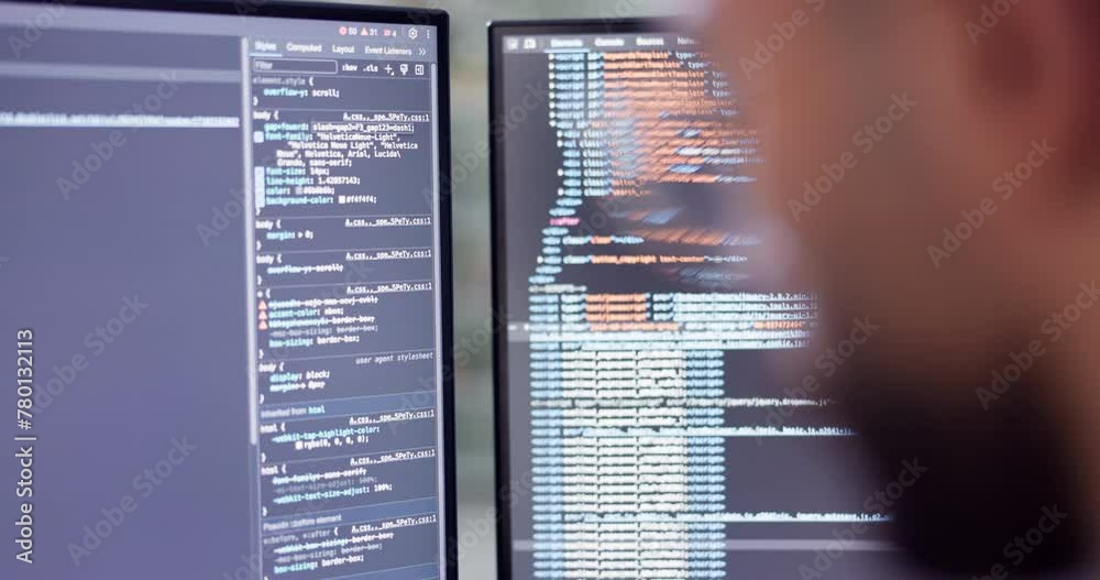 Poster Closeup, code or screen in it, cybersecurity or data in digital, blockchain or glitch in software. Tech, computer or programming of nft, cloud computing or app in corporate, developer or password
