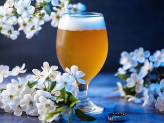 Seasonal spring craft beer glass on the table with blooming white cherry. Blue background