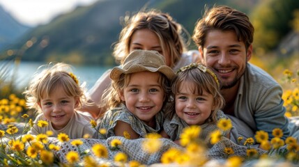 A couple with their three daughters on a spring vacation in nature