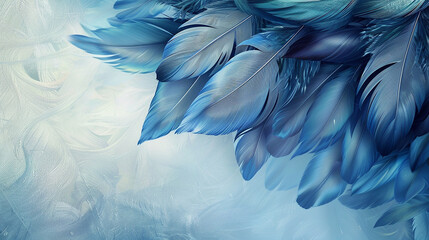 An ornamental design of blue feathers, each detailed and unique, set against a soft, matte background, suggesting the elegance of a bygone era. 32k, full ultra hd, high resolution - obrazy, fototapety, plakaty