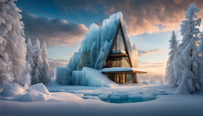triangular house is almost entirely covered in ice, with a few sections of glass windows showing. It sits in the middle of a snowy forest, with snow-covered trees surrounding it - obrazy, fototapety, plakaty