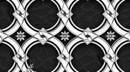 An ornamental lattice pattern with interlocking circles and squares, each junction adorned with a floral burst, in a classic duo of black and white. 32k, full ultra hd, high resolution