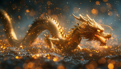 Obraz na płótnie Canvas A golden dragon coiled around, curling,sparkling lights,generative ai